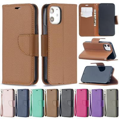 Solid Litchi Pattern Wrist Strap Style Shockproof Side Flip PU Leather + Soft TPU Card Slots with Magnetic Buckle and Stand Wallet Case for iPhone 12 5.4