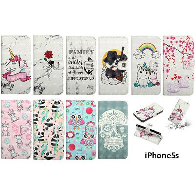 Swan Panda Pegasus Owl Rose Pattern PU Leather + Soft TPU with Picture Frame Stand Support and Card Slots Wallet Cover Case for iPhone SE 5S 5G 5