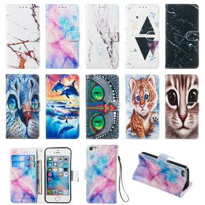 Colored Cat Tiger Owl Dolphin Pattern PU Leather + Soft TPU Card Slots with Stand Wallet Protective Case for iPhone SE 5S 5G 5 