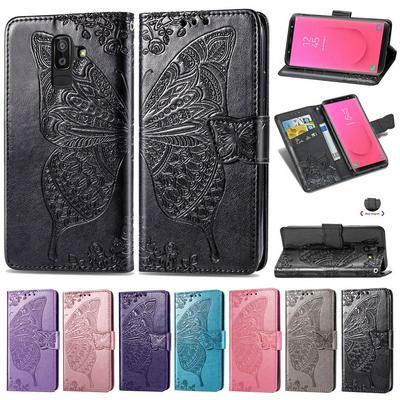 Wallet Case for Samsung Galaxy J8 2018, Leather Phone Cover with Debossed Butterfly and Magnetic Closure