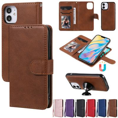 Solid Color Pattern Detachable 2-in-1 Strong Magnetic Side Flip Wallet Card Holster PU Leather +TPU Phone Case Support Car Bracket for iPhone 12(5.4)