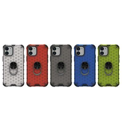 Honeycomb Style Four Corners Airbag Anti-fall Scratch-proof Hard PC Back Cover Phone Case with Ring Buckle for iPhone 12 Mini(5.4)