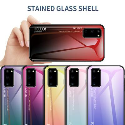 Luxury Gradient Bicolor 9H Explosion-Proof Anti-Scratch Tempered Glass Back + Soft TPU Bumper Frame Support Wireless Charging Back Cover Case for Samsung Galaxy S20