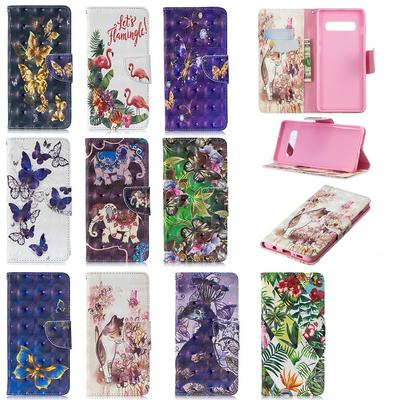 3D Bright Colored Painting PU Leather + Soft TPU Wrist Strap with Wallet Stand and Card Holder Slots Protective Cover Case for Samsung Galaxy S10+ / S10 Plus