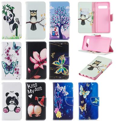 Lotus Owl Panda Butterfly Color Painting Wrist Strap PU Leather + Soft TPU Card Slots with Stand and Magnetic Buckle Case for Samsung Galaxy S10+ / S10 Plus 