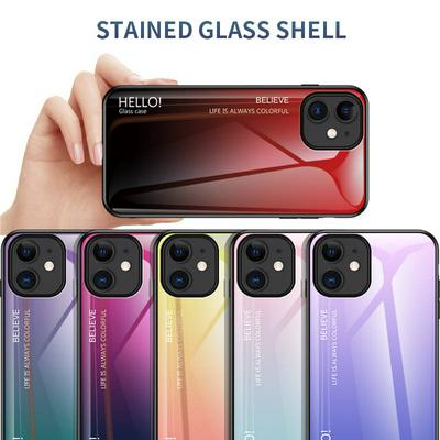 Luxury Gradient Bicolor 9H Explosion-Proof Anti-Scratch Tempered Glass Back + Soft TPU Bumper Frame Support Wireless Charging Back Cover Case for iPhone 12 5.4