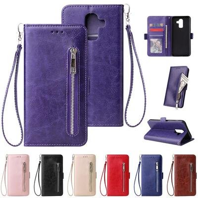 Wrist Strap PU Leather + TPU with Zipper Card Slots Wallet and Stand Picture Frame Cover Case for Samsung Galaxy J8 2018