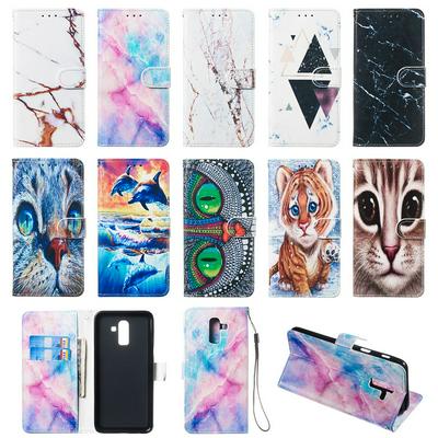 Colored Cat Tiger Owl DolphinPattern PU Leather + Soft TPU Card Slots with Stand Wallet Protective Case for Samsung Galaxy J8 2018 