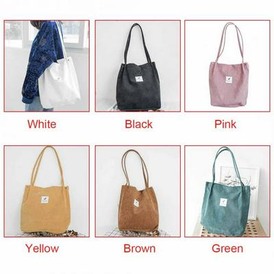 Retro Corduroy Tote Bag Plain Shoulder Handbag Casual Grocery Bag