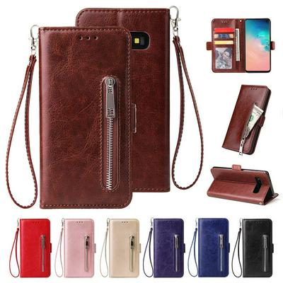 Leather Wallet Case for Samsung Galaxy S10 5G, Plain Zipper Phone Cover with Wrist Strap