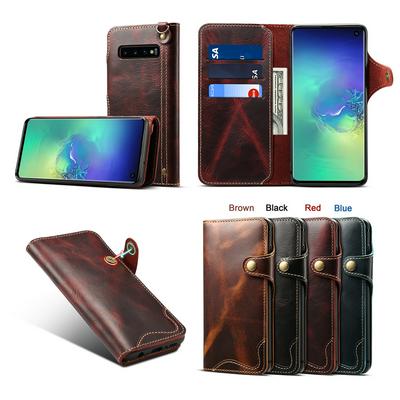 Oil Wax Cowhide Button Design Shockproof Genuine Leather + Soft Silicone with Wrist Strap and Card Slots Wallet Protective Case for Samsung Galaxy S10