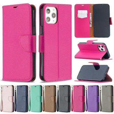 Solid Litchi Pattern Wrist Strap Style Shockproof Side Flip PU Leather + Soft TPU Card Slots with Magnetic Buckle and Stand Wallet Case for iPhone 12 Pro Max 6.7