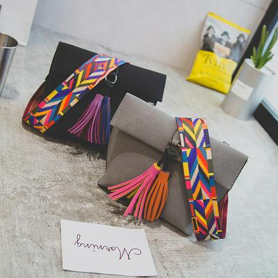 Retro Clutch Bag Decorated with Multicolored Tassel and Wide Shoulder Strap