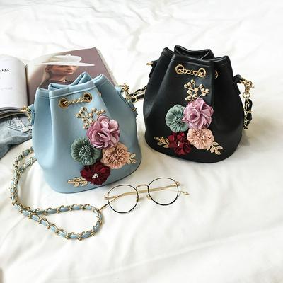 Women's Shoulder Bag PU Leather Bucket Bag Crossbody Bag Flower Drawstring Purse