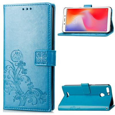 Embossed Lucky Four-Leaf Clover Pattern Shockproof Anti-Scratch PU Leather + Soft TPU Card Slot with Hand Rope Magnetic Buckle and Stand Wallet Case for Xiaomi Redmi 6