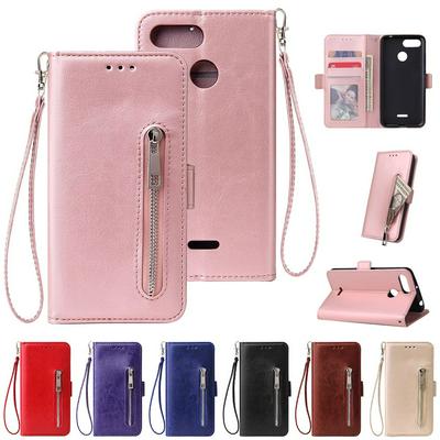 Leather Wallet Case for Xiaomi Redmi 6A, Plain Zipper Phone Cover with Wrist Strap