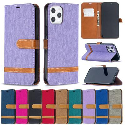 Stitching Color Denim Cloth Wrist Strap Style Shock-Absorption Side Flip PU Leather + Soft TPU Card Slots with Magnetic Buckle and Stand Wallet Case for iPhone 12 Pro Max 6.7
