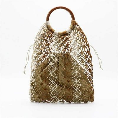 Women's Woven Handbag with Round Handle and Hollow Pattern for Beach