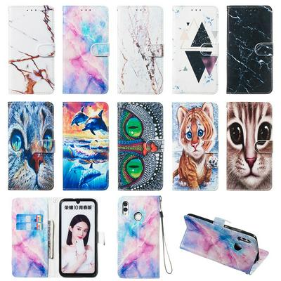 Colored Cat Tiger Owl Dolphin Pattern PU Leather + Soft TPU Card Slots with Stand Wallet Protective Case for Huawei Honor 10 Lite 