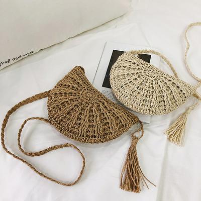 Women's Straw Crossbody Bag Dumpling-shaped Shoulder Bag with Large Tassel and Slim Shoulder Strap