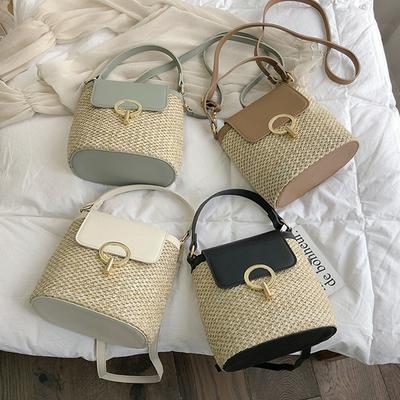 Women's Bohemian Straw-woven Handbag Casual Messenger Bag with PU Leather Flap