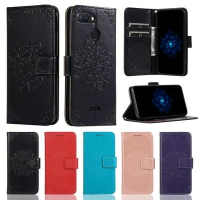 Embossed Wallet Case for Xiaomi Redmi 6A, Plain Leather Coated Phone Cover with Hidden Kickstand and Lanyard