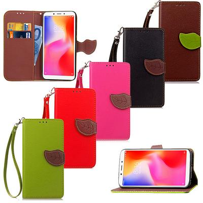 Wrist Strap PU Leather + Soft TPU Card Holder with Leaf Magnetic Buckle and Stand Support Wallet Case for Xiaomi Redmi 6A