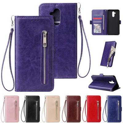 Leather Wallet Case for HUAWEI Mate 20 lite, Plain Zipper Phone Cover with Wrist Strap