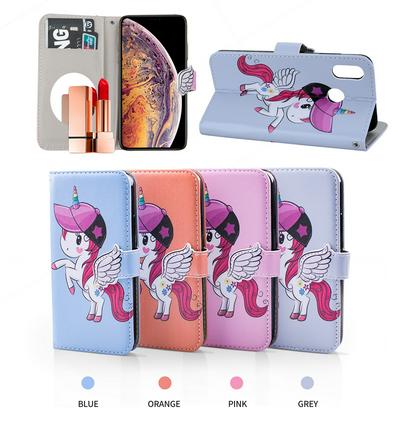 Pegasus Unicorn Pattern with Makeup Mirror PU Leather + Soft TPU with Stand Support and Card Holder and Wallet Slots Protective Case for Huawei Honor Play