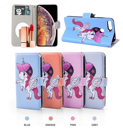 Pegasus Unicorn Pattern with Makeup Mirror PU Leather + Soft TPU with Stand Support and Card Holder and Wallet Slots Protective Case for Huawei Honor 7A 