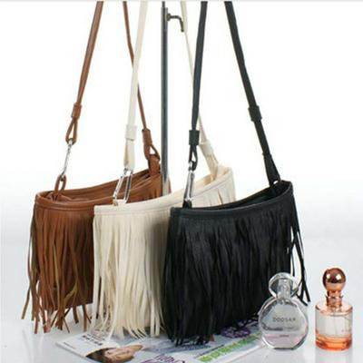 Solid Color Casual Fashion Frosted Tassel Decoration PU Leather Zipper Single Shoulder Cross Body Bag for Women Girls