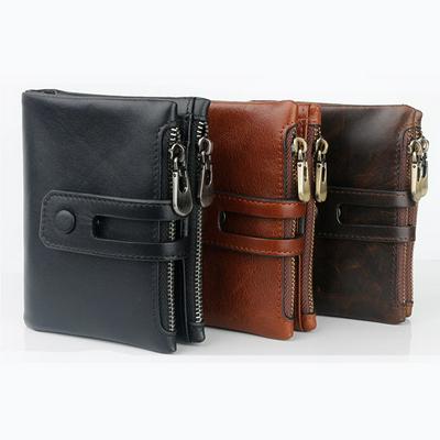 Unisex Leather Wallet with Buckle Fashion Double-zipper Short Purse Card Holder Handbag