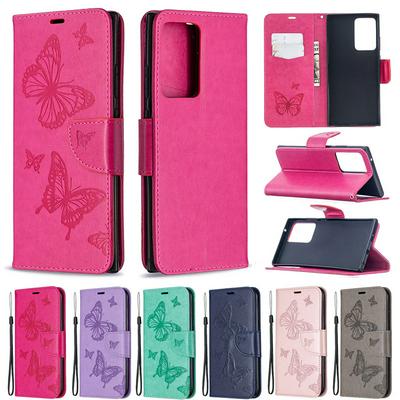 Embossed Two Butterflies Pattern Wrist Strap Style Shockproof Side Flip PU Leather + Soft TPU Card Slots with Magnetic Buckle and Stand Wallet Case for Samsung Galaxy Note20 Ultra