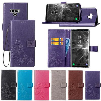Embossed Lucky Four-Leaf Clover Pattern Shockproof Anti-Scratch PU Leather + Soft TPU Card Slot with Hand Rope Magnetic Buckle and Stand Wallet Case for Samsung Galaxy Note 9