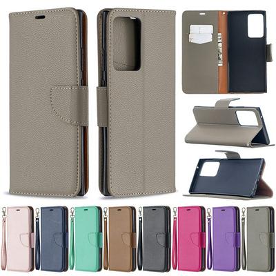 Solid Litchi Pattern Wrist Strap Style Shockproof Side Flip PU Leather + Soft TPU Card Slots with Magnetic Buckle and Stand Wallet Case for Samsung Galaxy Note20 Ultra