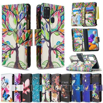 Colored Painting Wrist Strap Style Shock-Absorption Side Flip PU Leather + Soft TPU Card Slots with Magnetic Buckle and Stand Zipper Wallet Case for Samsung Galaxy A21s