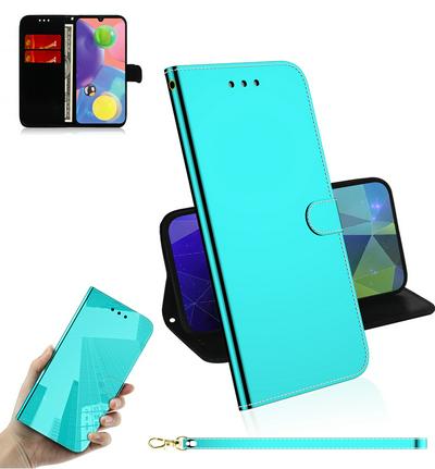 Mirror Surface Imitation Wrist Strap Style Shockproof Side Flip PU Leather + Soft TPU Card Slots with Magnetic Buckle and Stand Wallet Case for Samsung Galaxy A51