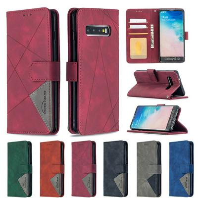 BF05 Style Stitching Color Rhombus Pattern PU Leather + Soft TPU Mganetic Buckle Card Slots with Magnetic Buckle and Stand Wallet Case for Samsung Galaxy S10