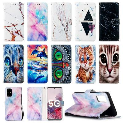 Colored Painting Shock-Absorption Side Flip PU Leather + Soft TPU Wrist Strap Card Slots with Magnetic Buckle and Stand Wallet Case for Samsung Galaxy S20+