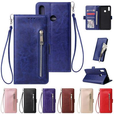 Leather Wallet Case for HUAWEI Honor 8X, Plain Zipper Phone Cover with Wrist Strap