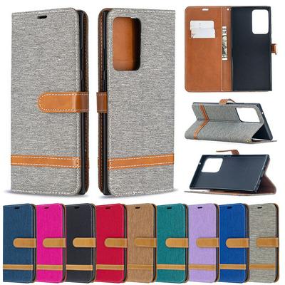 Stitching Color Denim Cloth Wrist Strap Style Shock-Absorption Side Flip PU Leather + Soft TPU Card Slots with Magnetic Buckle and Stand Wallet Case for Samsung Galaxy Note20 Ultra