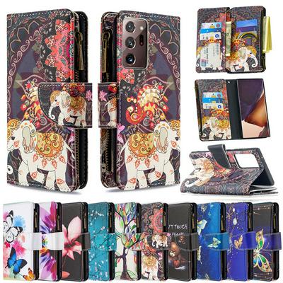 Colored Painting Wrist Strap Style Shock-Absorption Side Flip PU Leather + Soft TPU Card Slots with Magnetic Buckle and Stand Zipper Wallet Case for Samsung Galaxy Note20 Ultra