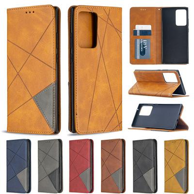 Rhombus Pattern Denim Cloth Anti-Fall Side Flip PU Leather + Soft TPU Picture Frame Stand with Magnetic Closure and Card Slot Wallet Case for Samsung Galaxy Note20 Ultra