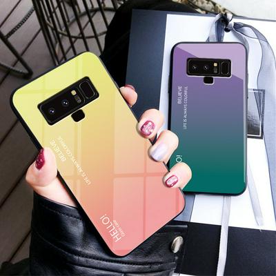 Luxury Gradient Bi-Color 9H Explosion-Proof Anti-Scratch Tempered Glass Back + Soft TPU Bumper Frame Support Wireless Charging Back Cover Case for Samsung Galaxy Note 9