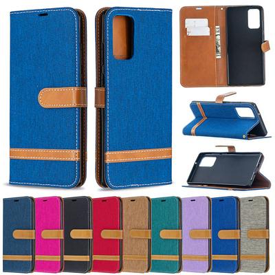 Stitching Color Denim Cloth Wrist Strap Style Shock-Absorption Side Flip PU Leather + Soft TPU Card Slots with Magnetic Buckle and Stand Wallet Case for Samsung Galaxy Note20