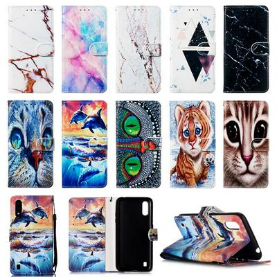 Colored Painting Shock-Absorption Side Flip PU Leather + Soft TPU Wrist Strap Card Slots with Magnetic Buckle and Stand Wallet Case for Samsung Galaxy A01