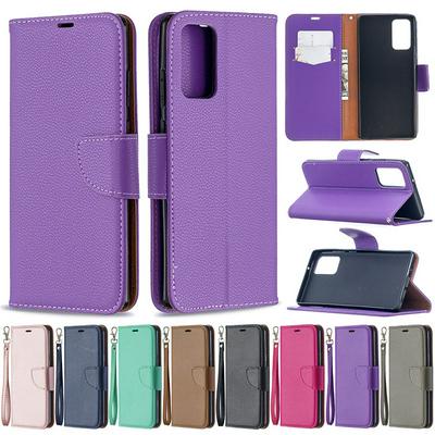 Solid Litchi Pattern Wrist Strap Style Shockproof Side Flip PU Leather + Soft TPU Card Slots with Magnetic Buckle and Stand Wallet Case for Samsung Galaxy Note20