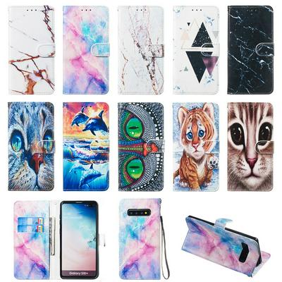 Colored Cat Tiger Owl Dolphin Pattern PU Leather + Soft TPU Card Slots with Stand Wallet Protective Case for Samsung Galaxy S10+ / S10 Plus 