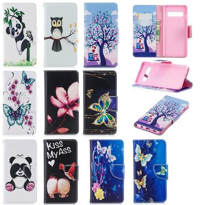 Lotus Owl Panda Butterfly Color Painting Wrist Strap PU Leather + Soft TPU Card Slots with Stand and Magnetic Buckle Case for Samsung Galaxy S10 