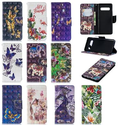 3D Bright Colored Painting PU Leather + Soft TPU Wrist Strap with Wallet Stand and Card Holder Slots Protective Cover Case for Samsung Galaxy S10